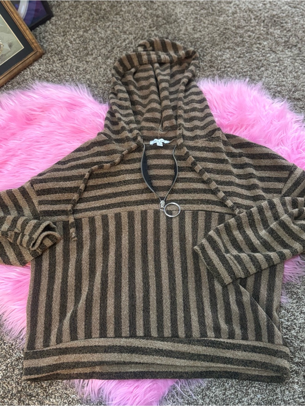 White Birch Brown Black Striped Hooded Knit Cropped Quarter Zip Sweater Size Sm